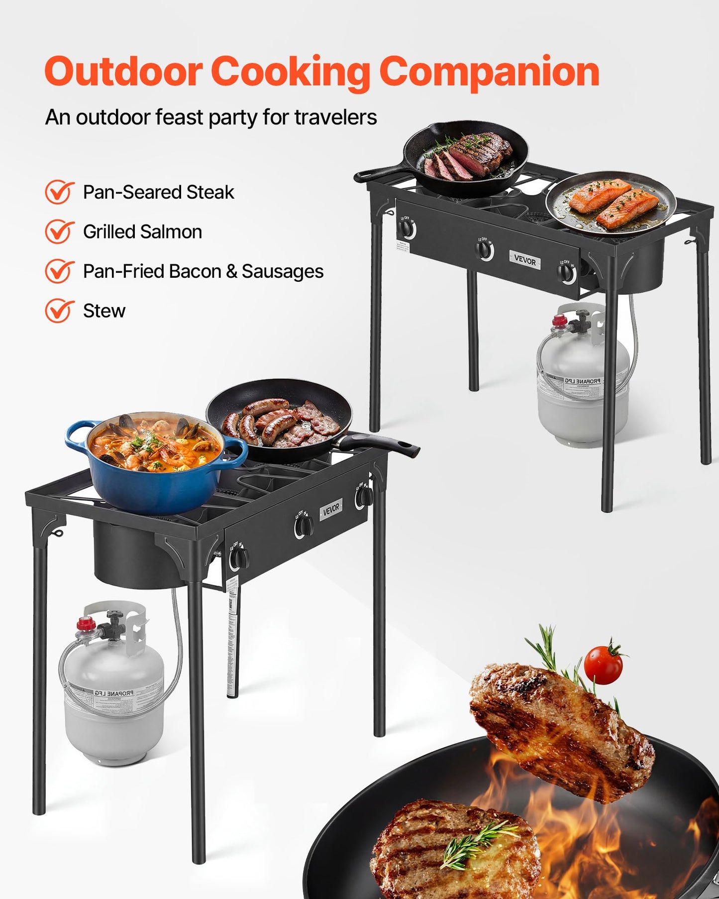 Outdoor Propane Gas Stove 3 Burners 225,000 BTU Heavy Duty Steel Camping Cooker