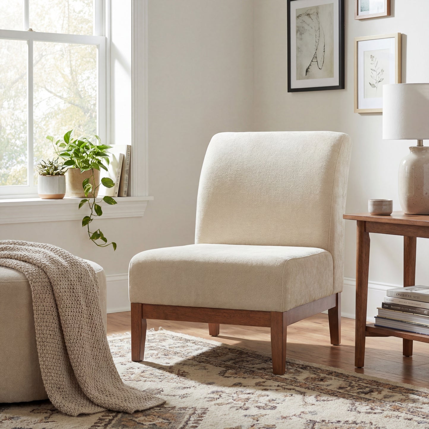 Beige Fabric Upholstered Accent Chair with Walnut Frame