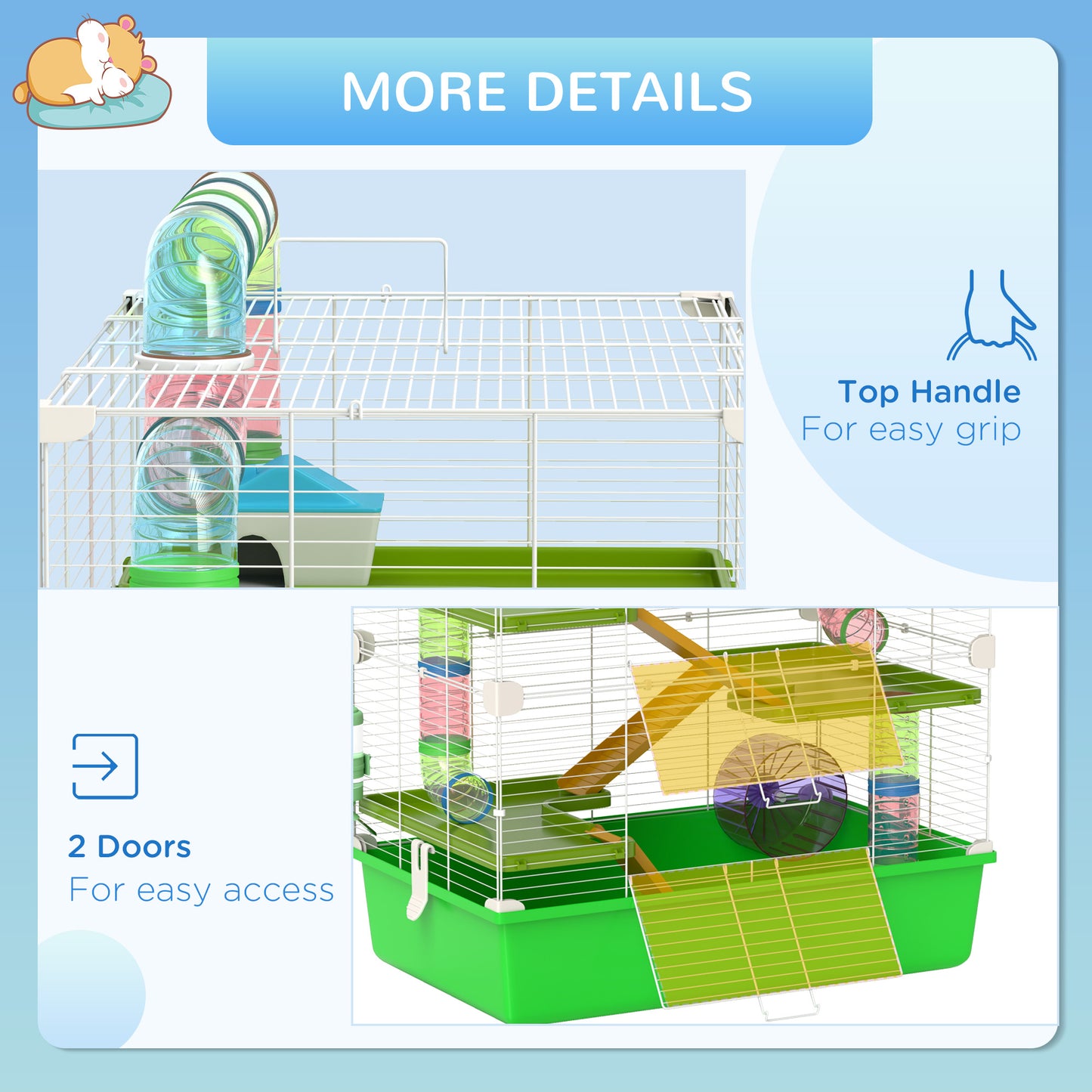 Large 23-Inch Hamster Cage with Wheel Water Bottle and Tunnels - Green