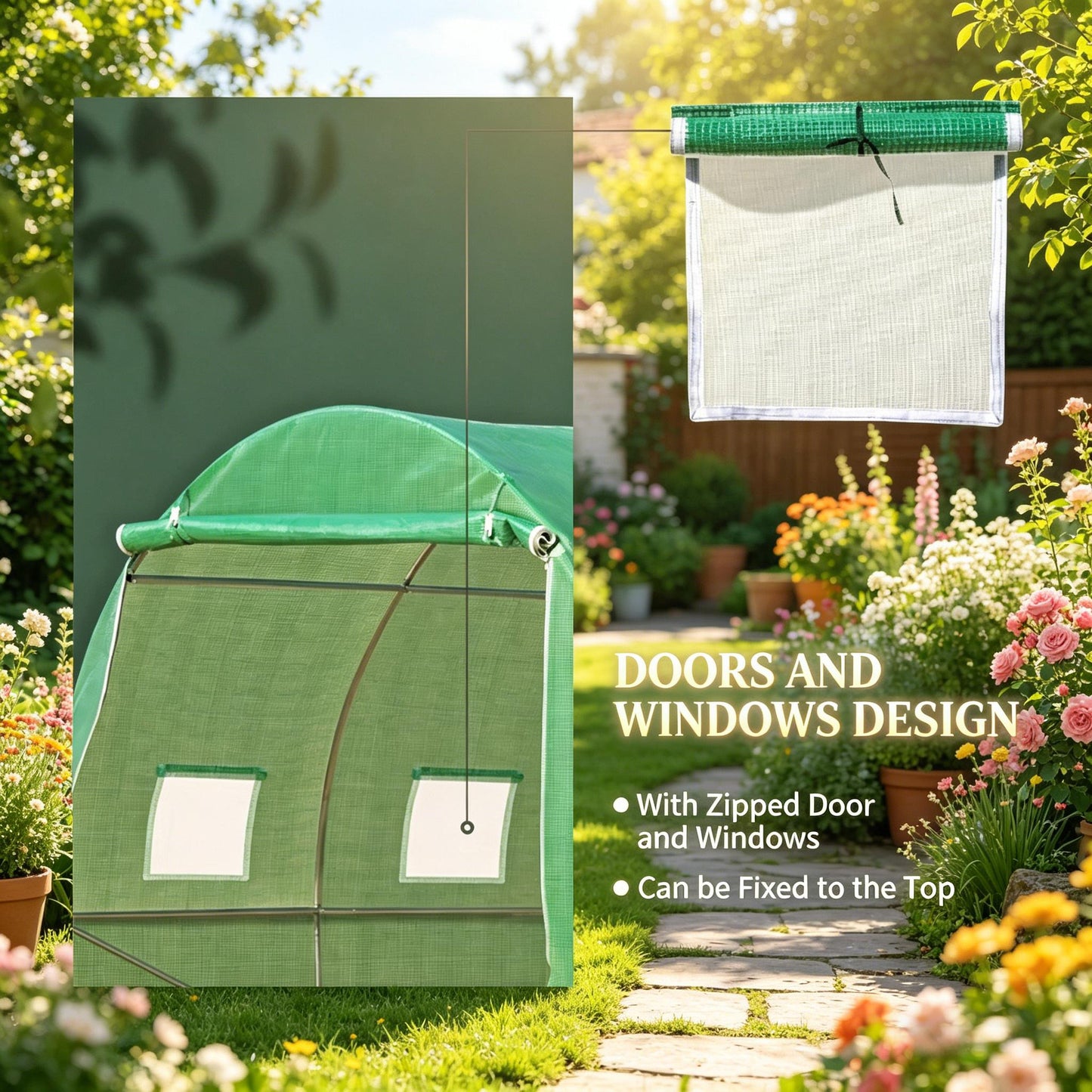 Walk-In Tunnel Greenhouse with Roll-Up Windows - Green