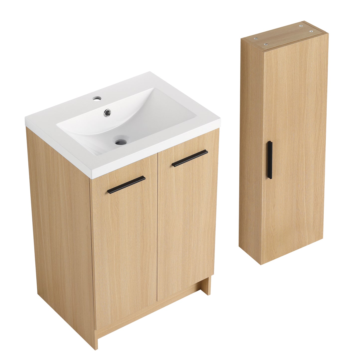24" Freestanding Bathroom Vanity Set with Linen Cabinet - Light Oak