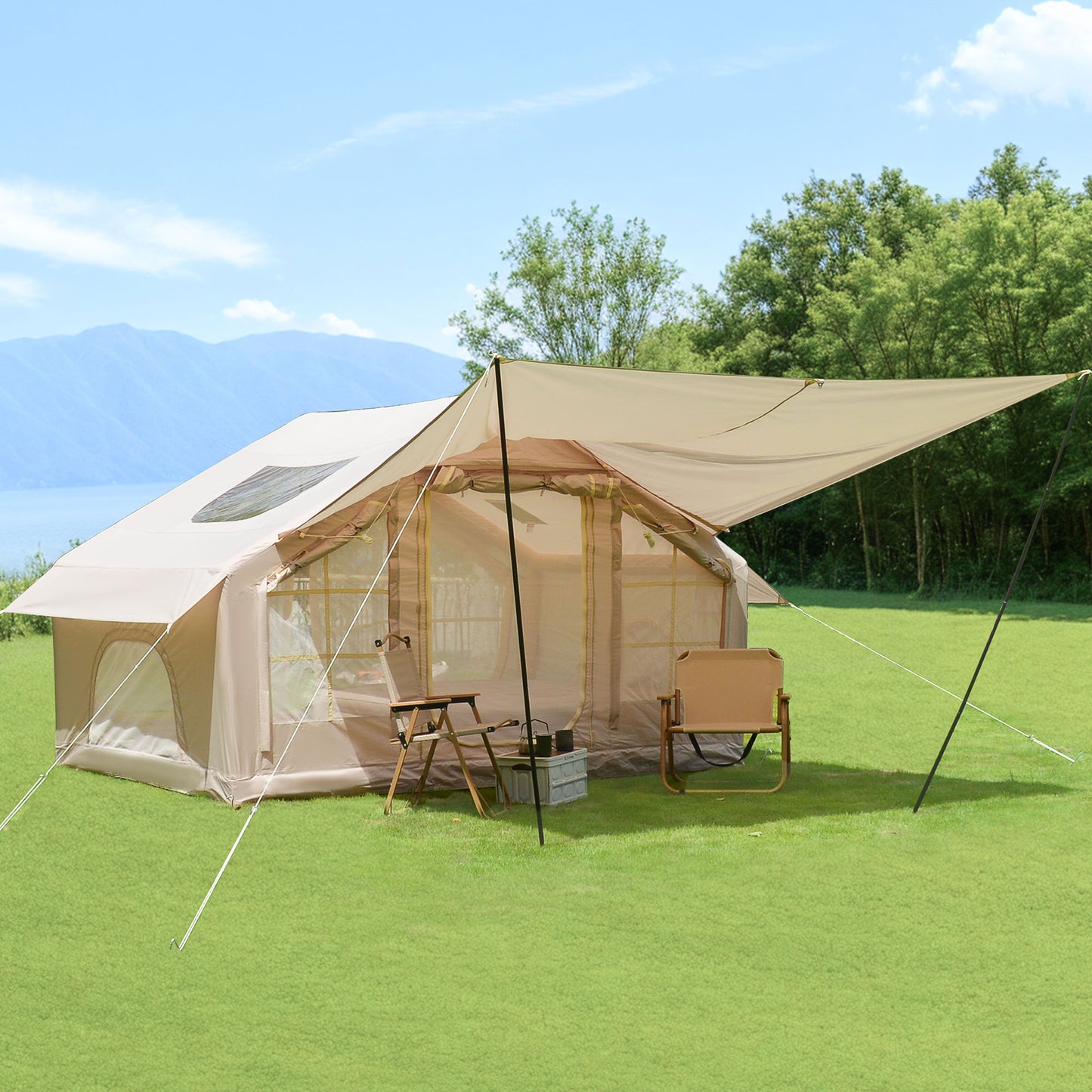 Inflatable Camping Tent with Canopy - 4 Season Waterproof, Beige