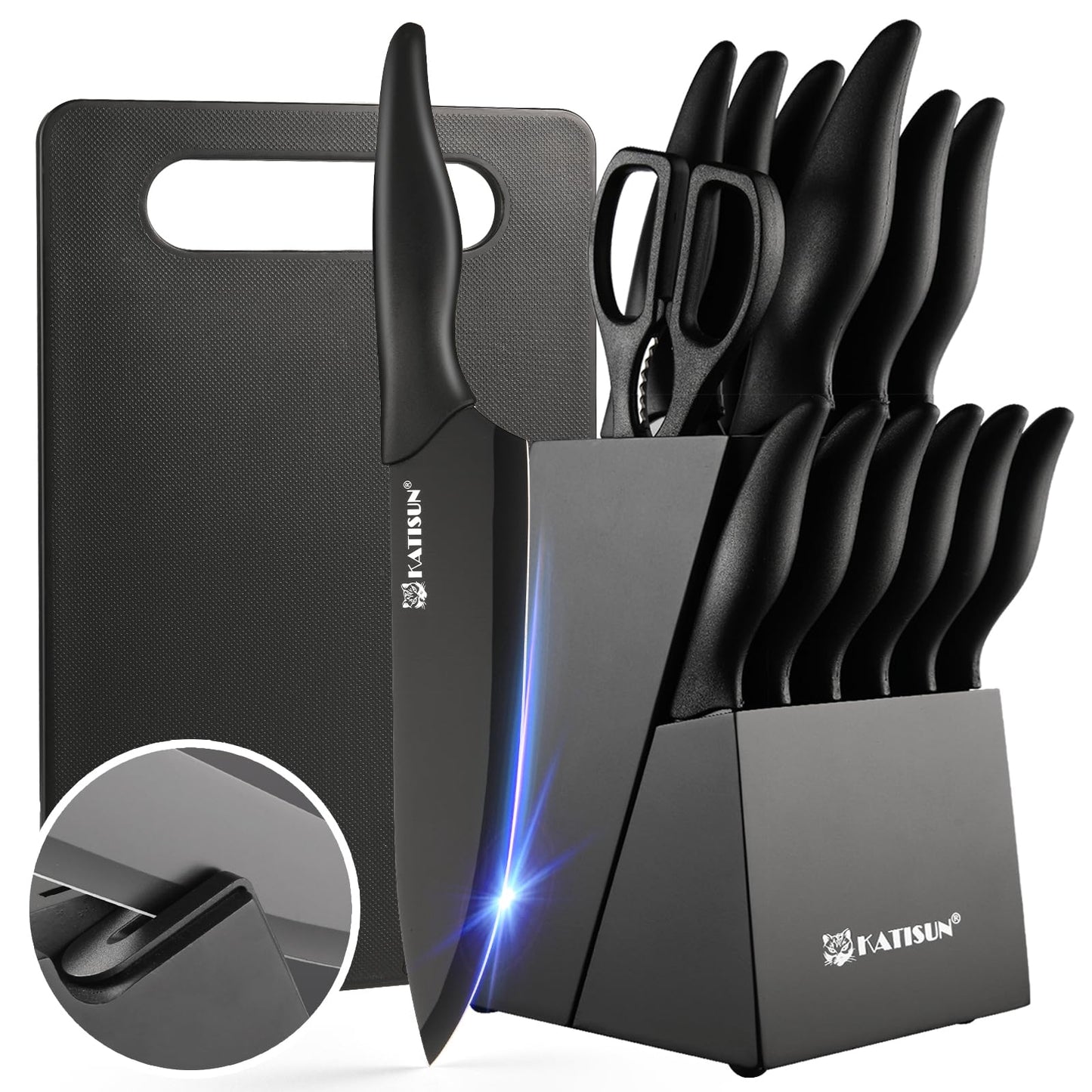 16-Piece Kitchen Knife Block Set with Cutting Board - Black