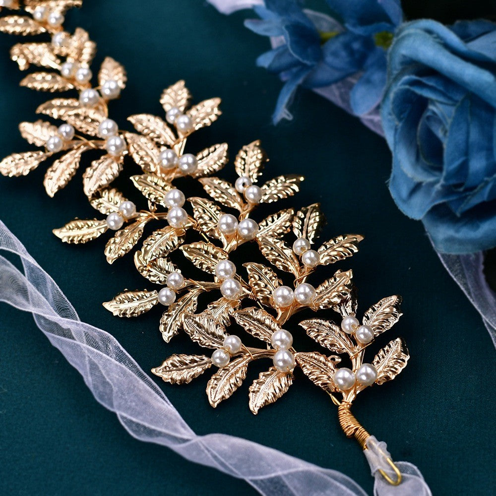 Gold Leaf Pearl Hair Band with White Organza Ribbon - Elegant Hair Accessories