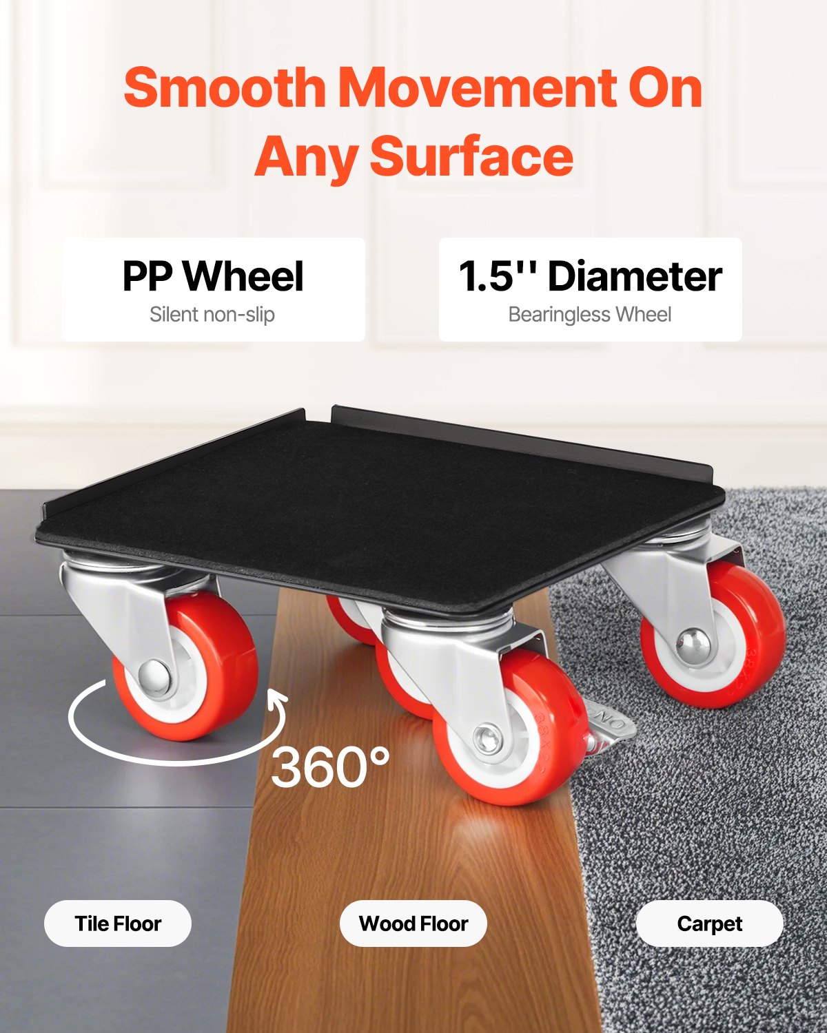 Heavy Duty Furniture Moving Dolly with 5 Wheels 1200 lbs Capacity - Black