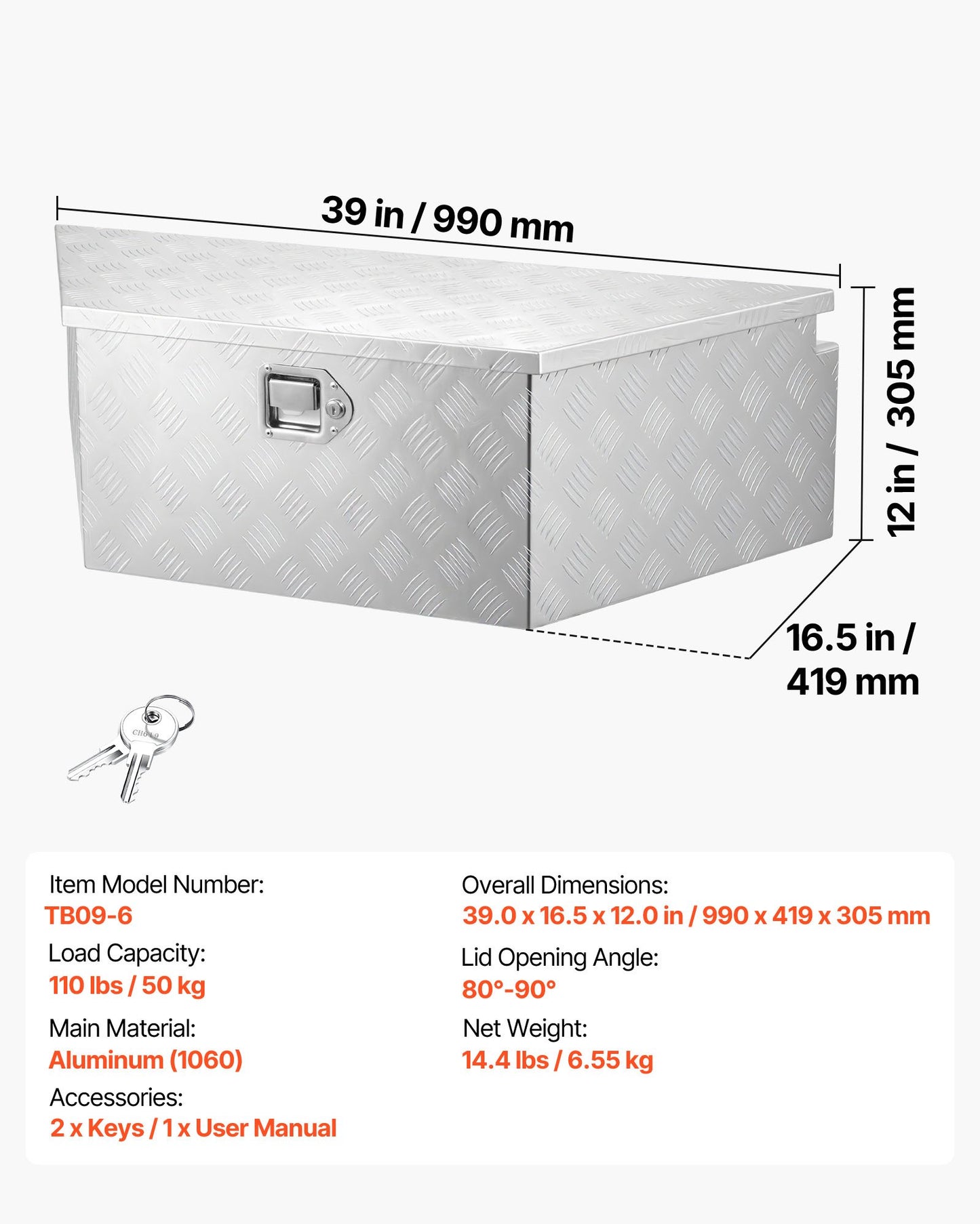 Heavy Duty Aluminum Trailer Tongue Box 39x16.5x12 with Lock - Weather Resistant Storage