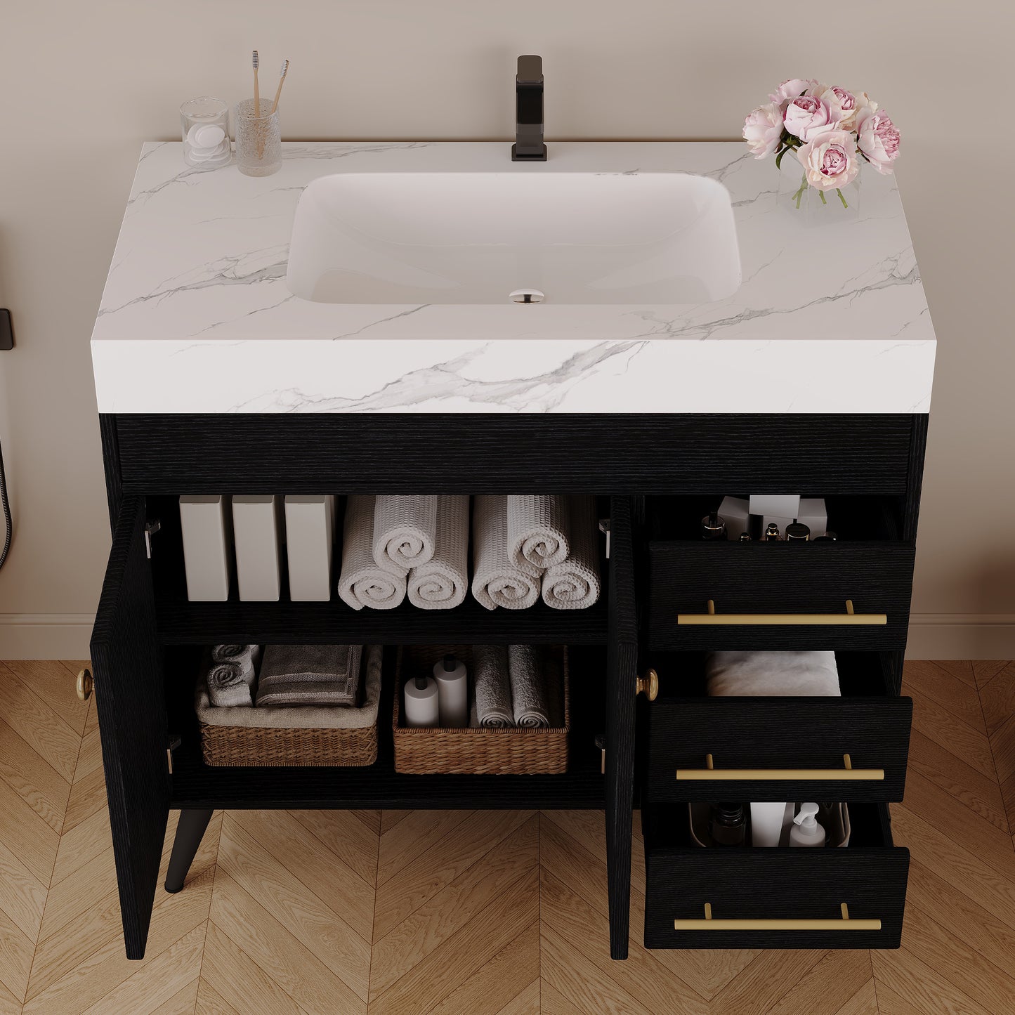 36" Freestanding Bathroom Vanity with Ceramic Sink & Faux Marble Top - Black/White