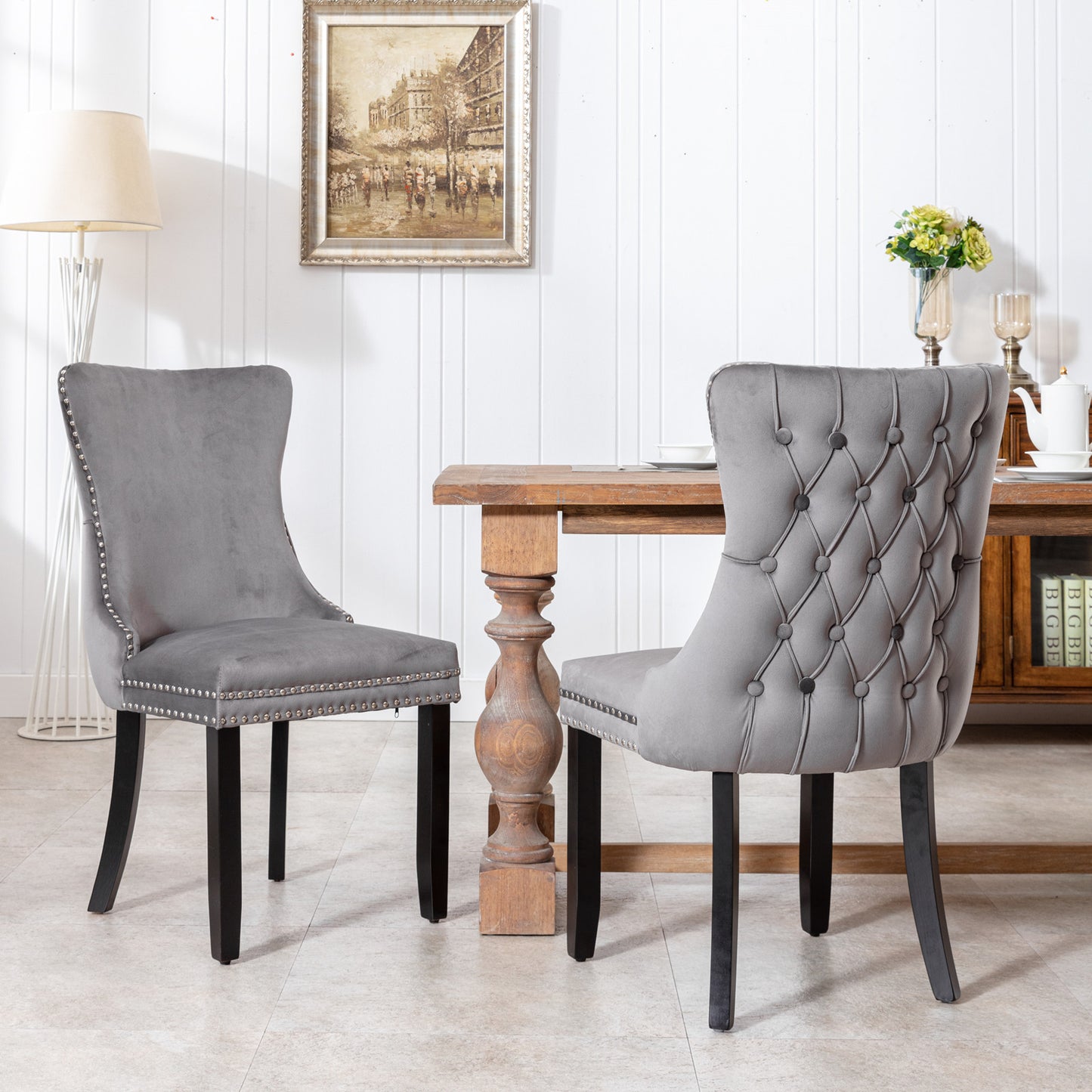 Upholstered Wing-Back Dining Chairs Set of 2 - Gray Velvet