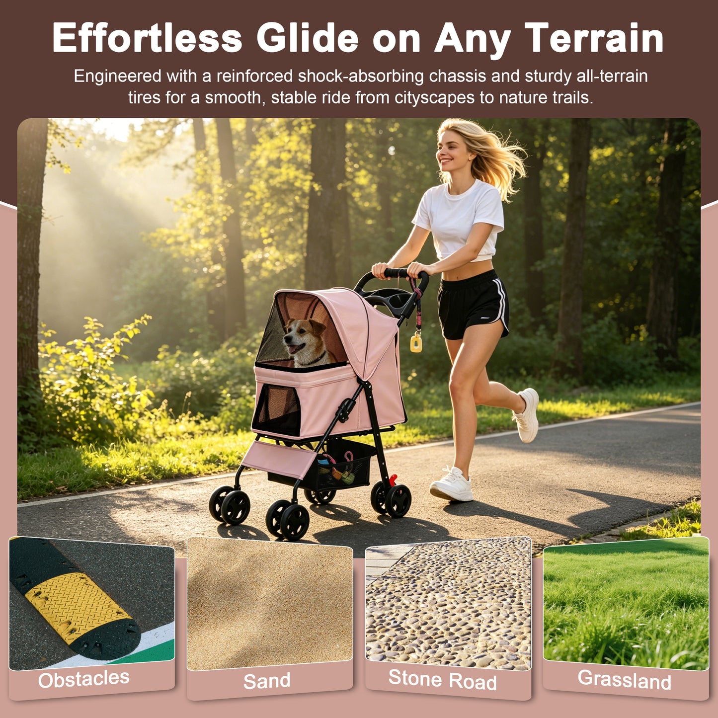 Foldable Pet Stroller for Small Dogs Cats Up to 28 lbs with Mesh & Storage - Pink