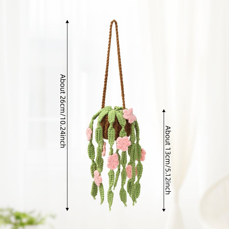 Crochet Hanging Plant Ornament with Pink Blossoms Indoor Home Decor