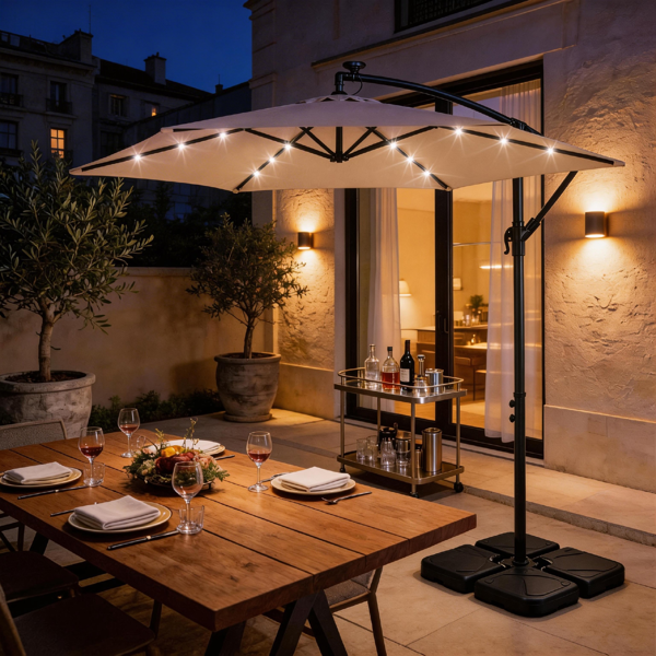 10FT Round Patio Hanging Umbrella with LED Lights - Khaki