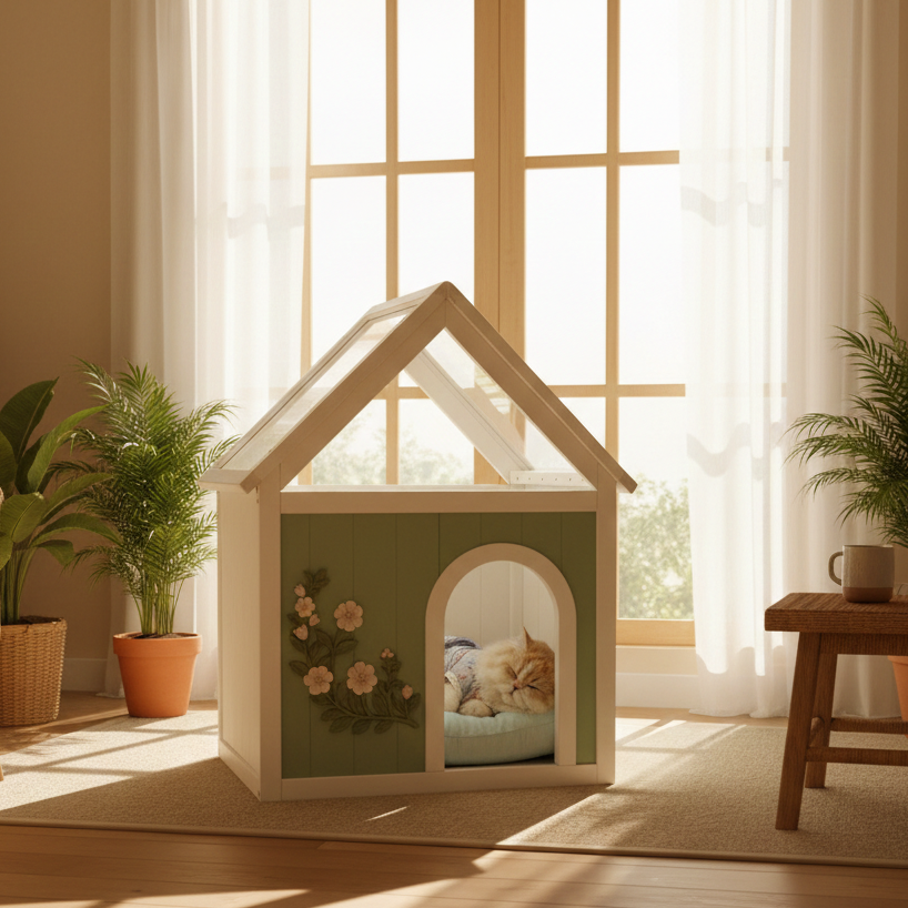 Indoor Cat House with Acrylic Roof — Wooden Pet Shelter for Small Cats & Dogs