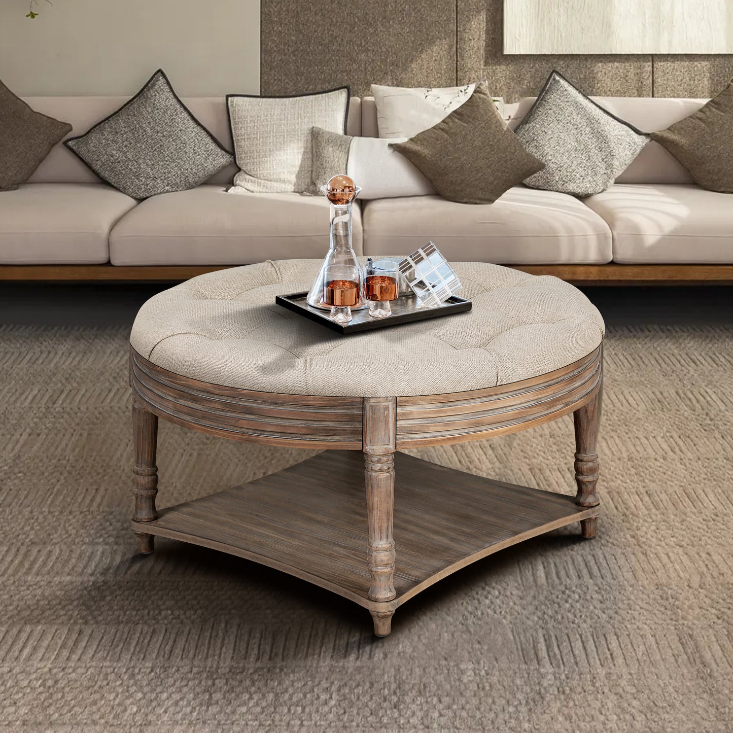 Large Round Waterproof Ottoman Coffee Table with Storage - Gray & Khaki