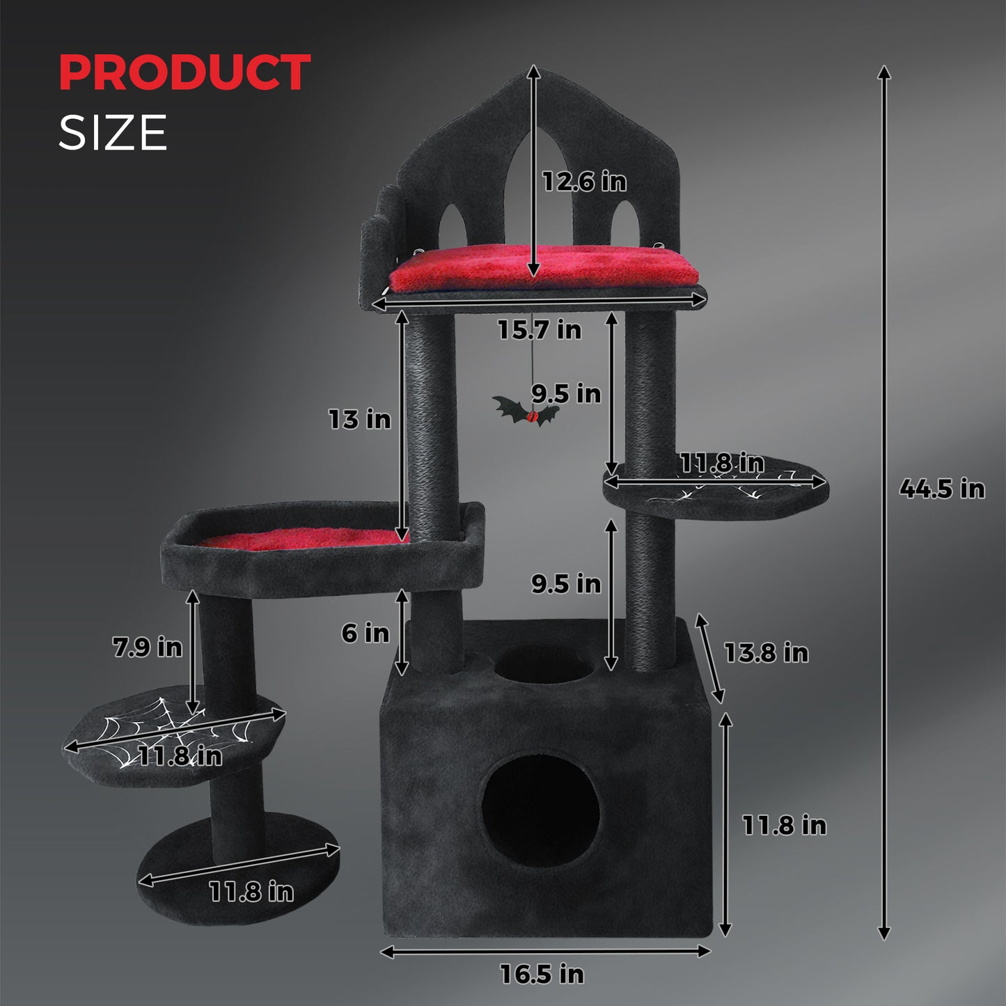 Black Gothic Cat Tree with Scratch Posts, Perches, Hammock & Cat Cave - 44.5in