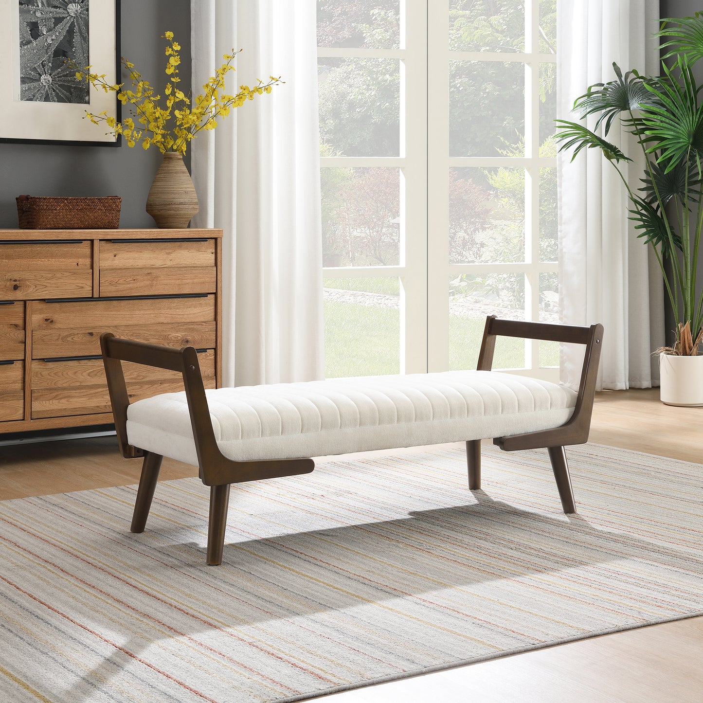 52 Mid Century Bench With Walnut Wood Leg,Channeled Upholstered