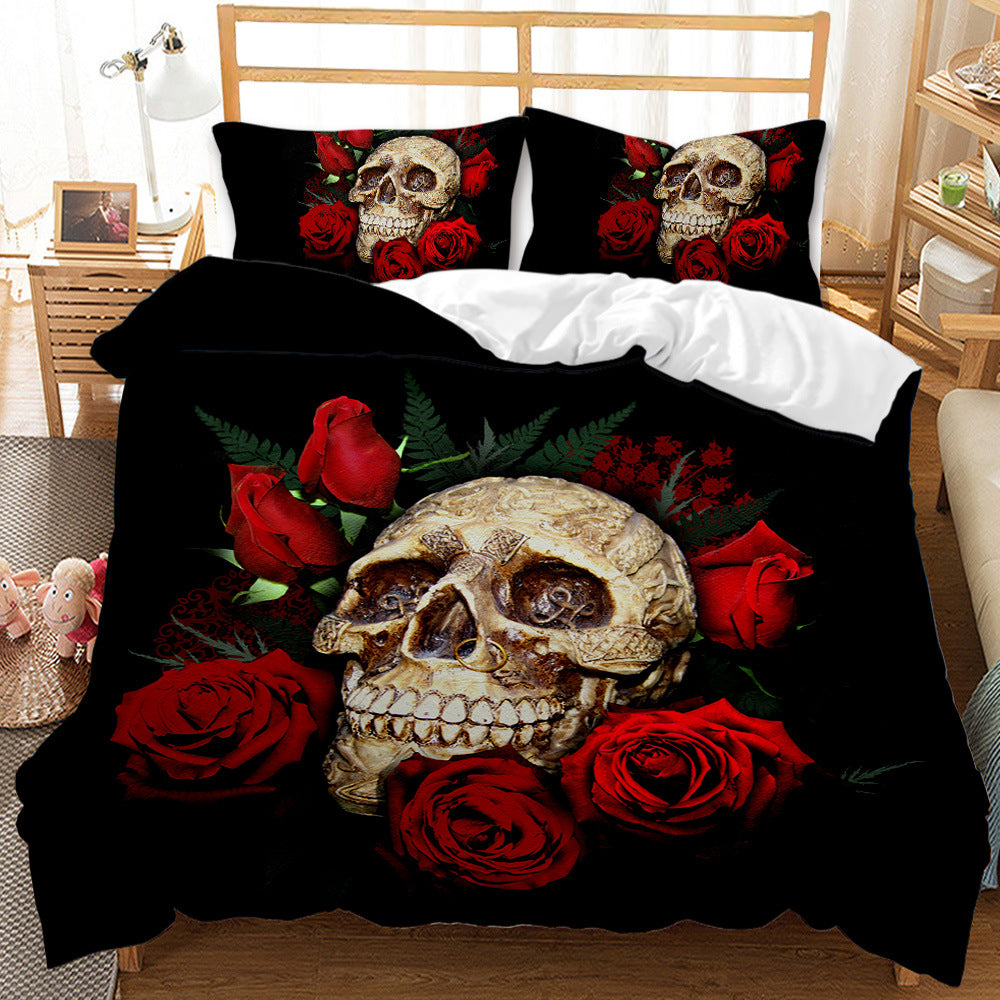 Three-Piece Skull Duvet Cover Set Modern Floral Bedding for Bedroom