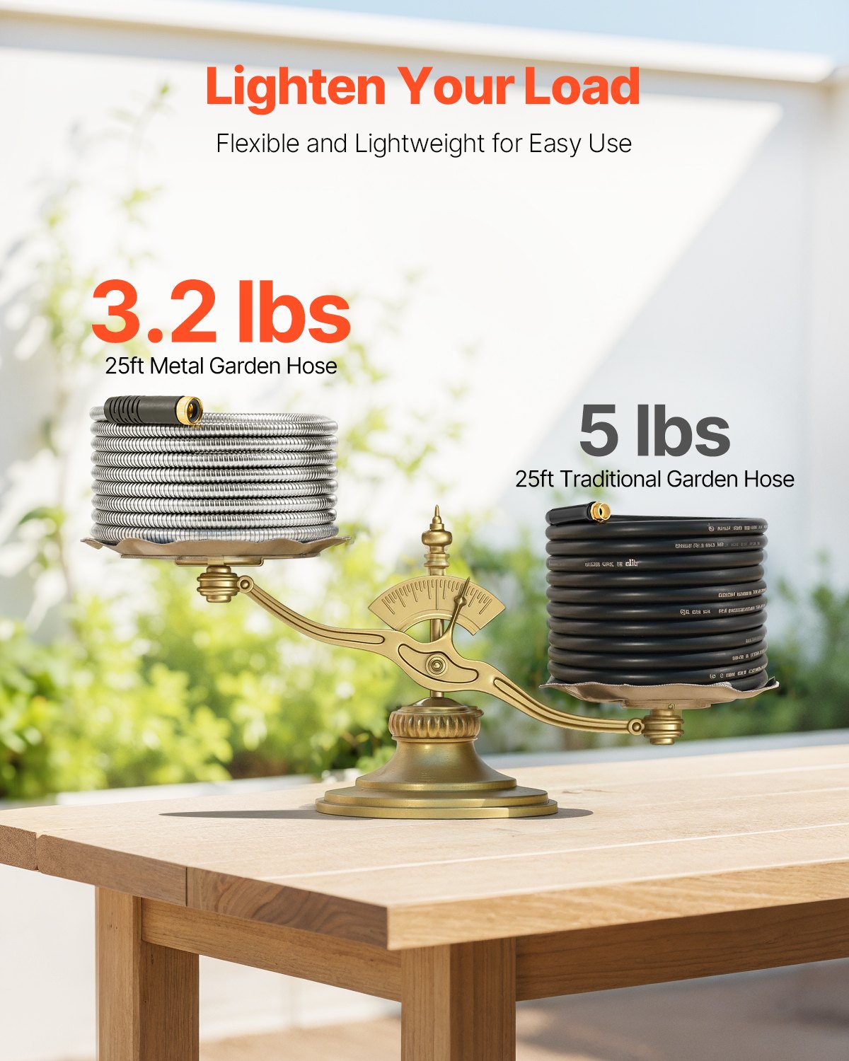 25 Ft Stainless Steel Garden Hose with No-Kink Nozzle - Heavy Duty Outdoor Water Pipe