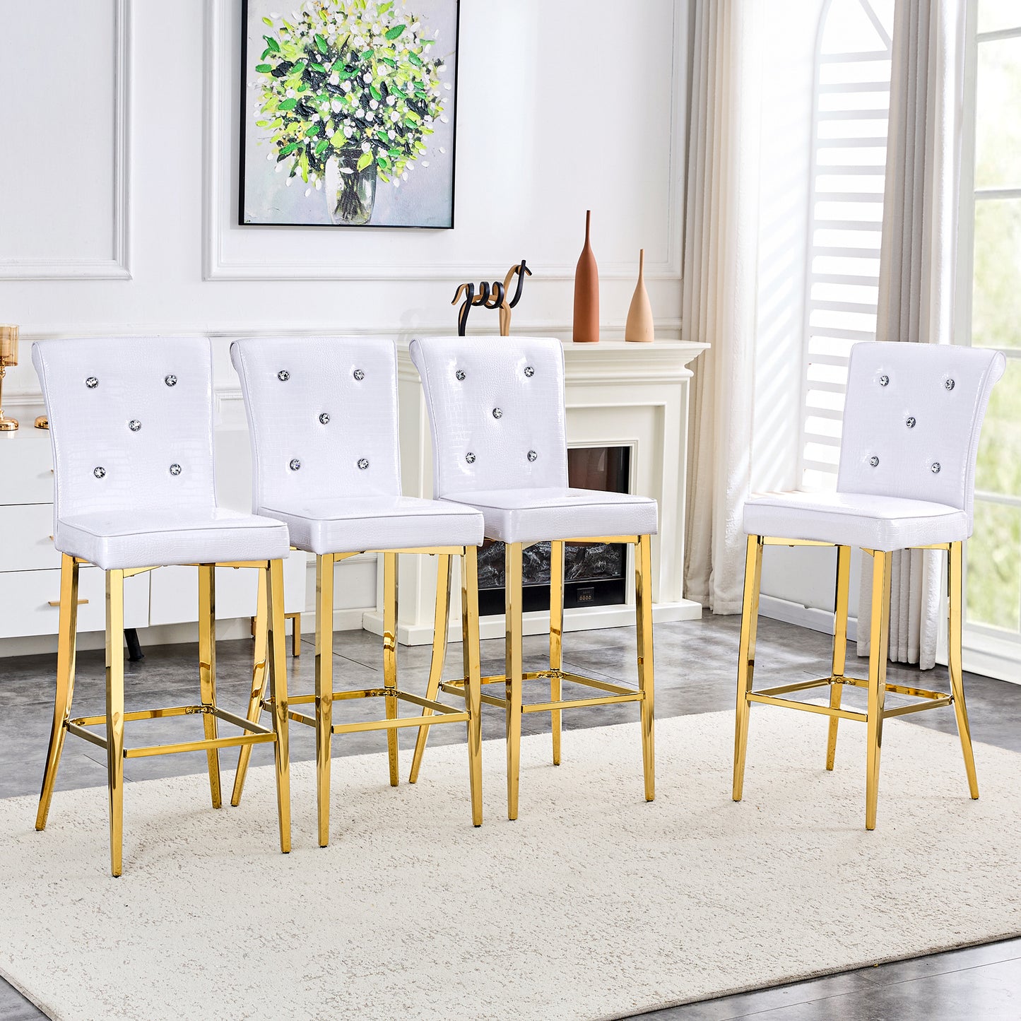 A Set Of 2 White And Gold Vintage Crocodile Leather Bar Chairs,