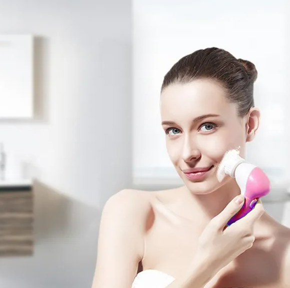 Electric Facial Cleansing Brush with 5 Brush Heads - Pink