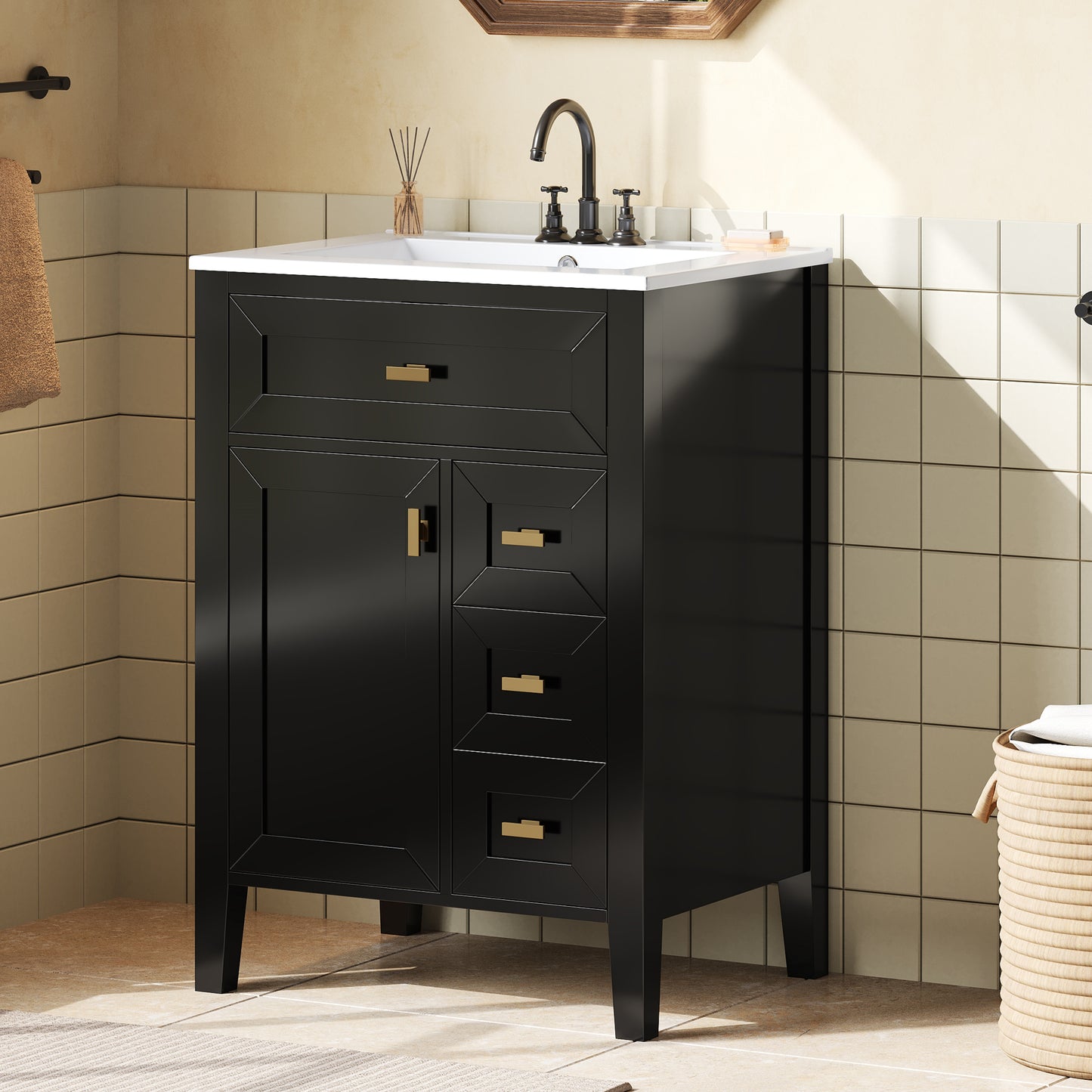 24-Inch Black Bathroom Vanity with Sink & Storage Cabinet