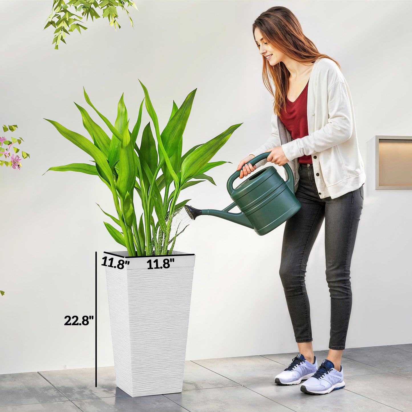 Set of 3 Outdoor Planting Pots with Wheels and Stone Finish - White, 22.8 Inch Tall