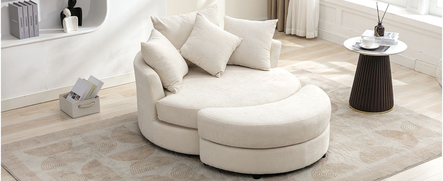 360° Swivel Accent Barrel Chair with Storage Ottoman & 4 Pillows - Cream