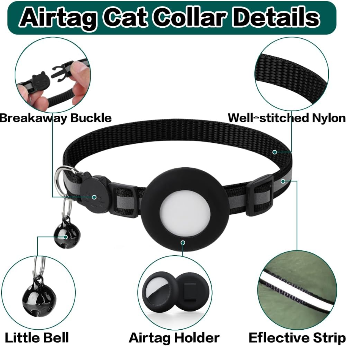 Reflective Cat Collar with AirTag Holder Breakaway Safety Buckle Adjustable