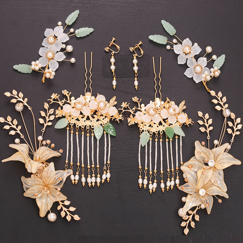 Bridal Hair Crown with Fringe - Ancient Style Flower Headdress