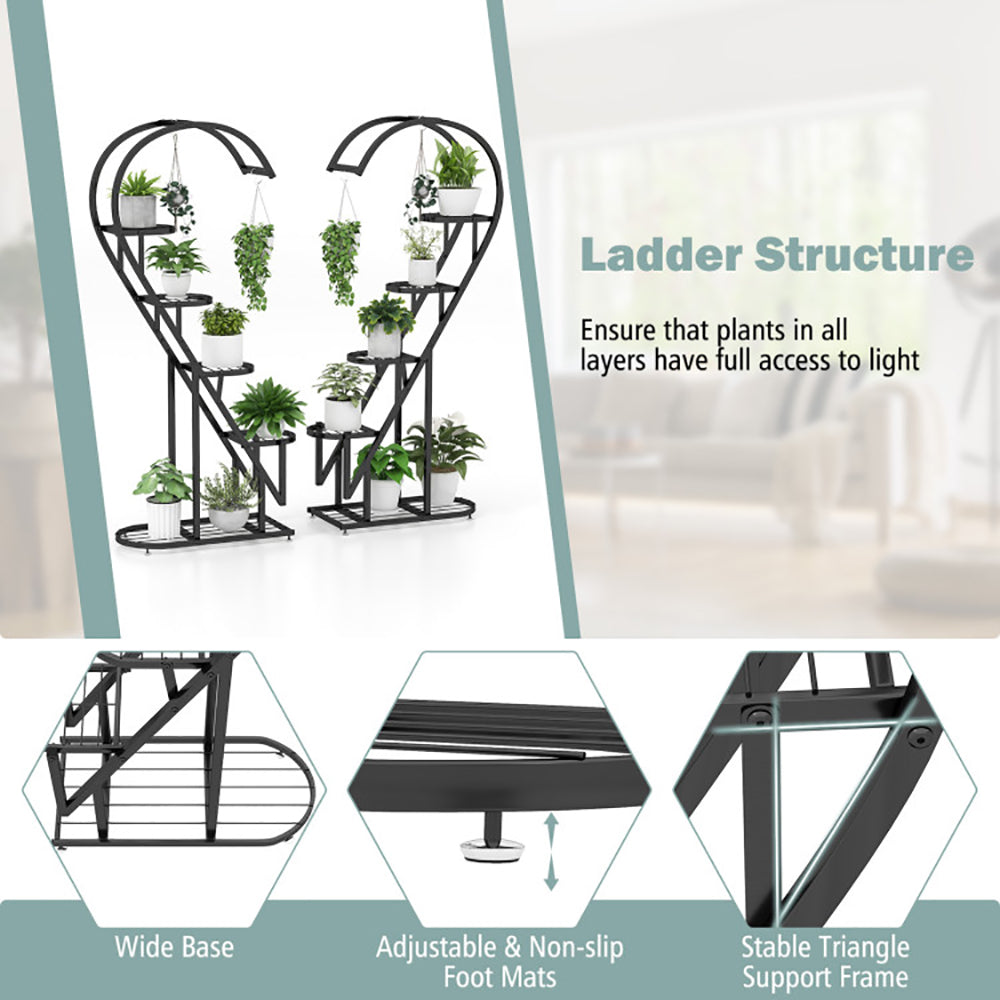 5-Tier Metal Plant Stand with Hanging Hooks - Indoor Outdoor Garden Display