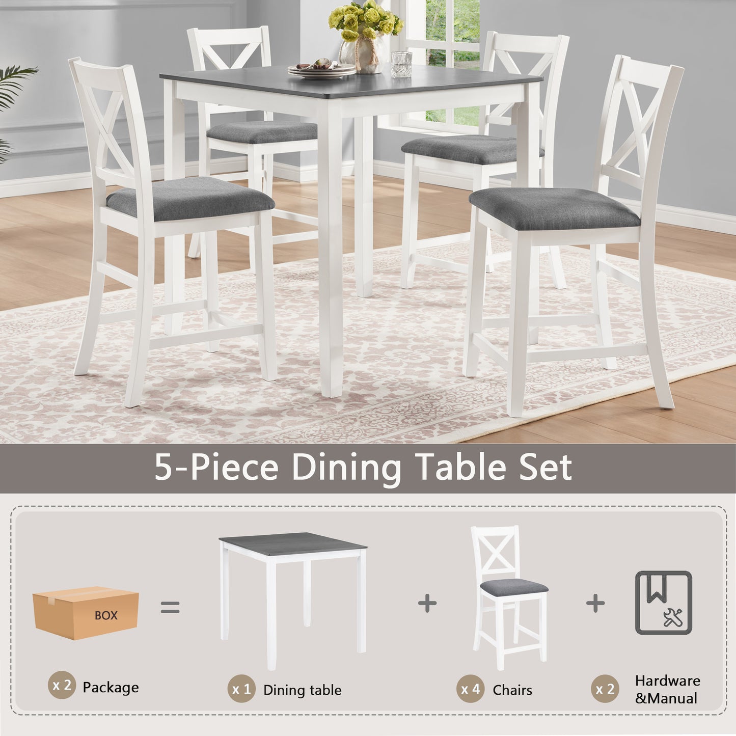 Counter Height Dining Table Set with 4 Chairs - Grey & White