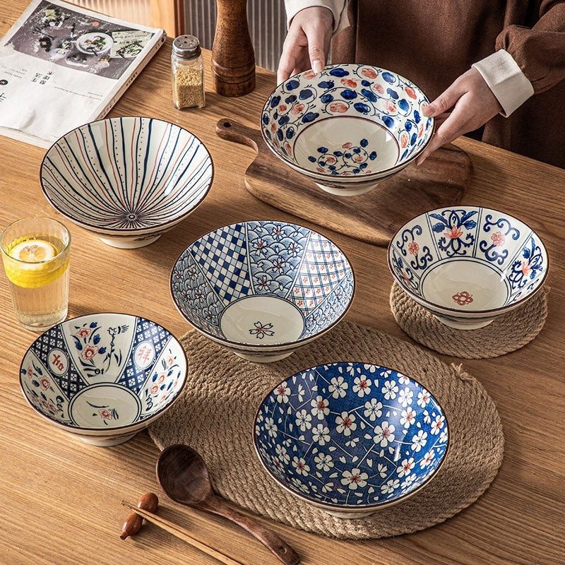 Retro Japanese Style 7-Inch Porcelain Ramen Bowl with Bamboo Hat Shape