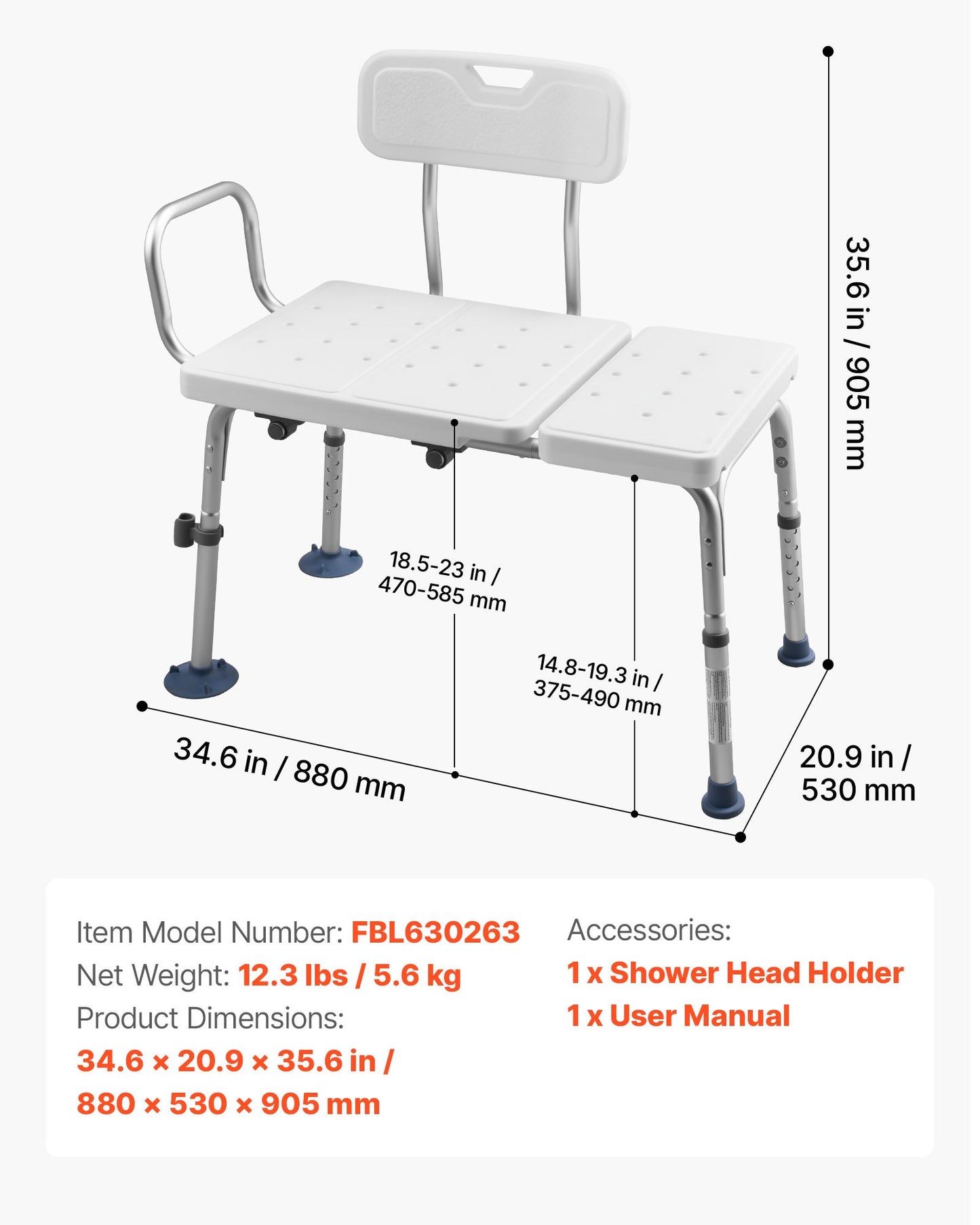 Heavy Duty Tub Transfer Bench for Bathtub with Arm & Backrest - Black
