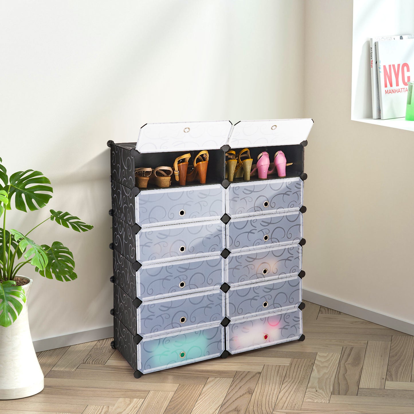 12-Cube Portable Plastic Shoe Rack with Transparent Doors