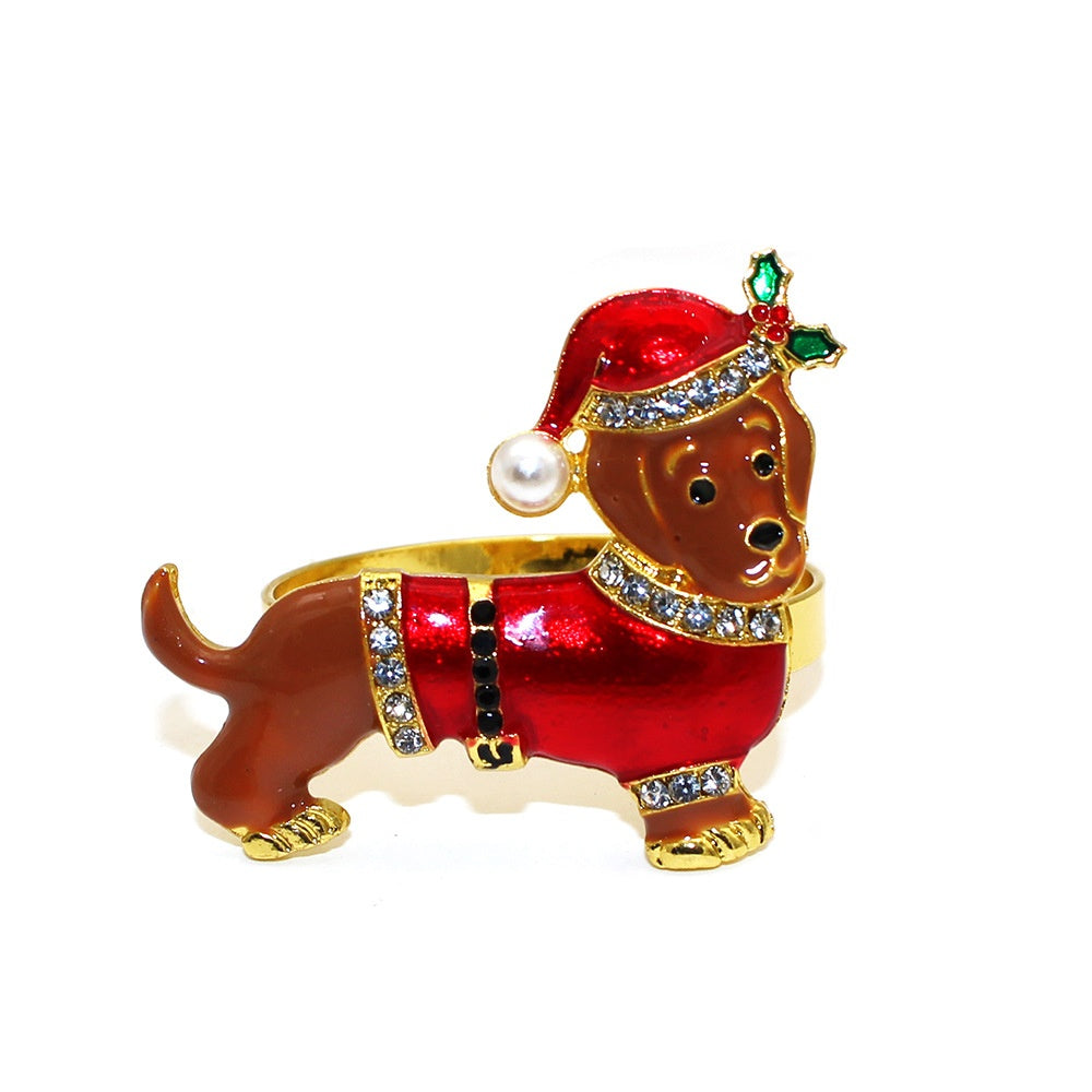 Christmas Dog Napkin Ring - Holiday Puppy Napkin Holder in Inlaid Alloy