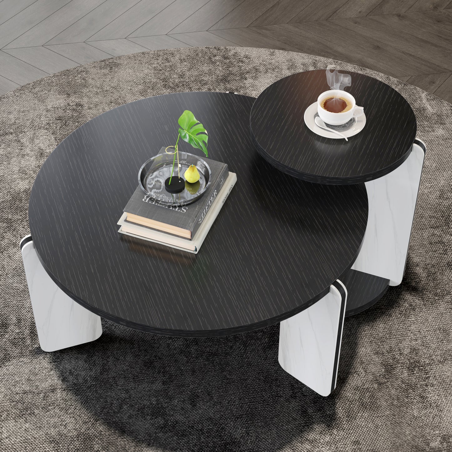 Round Coffee Table & End Table Set - Black Oak Veneer