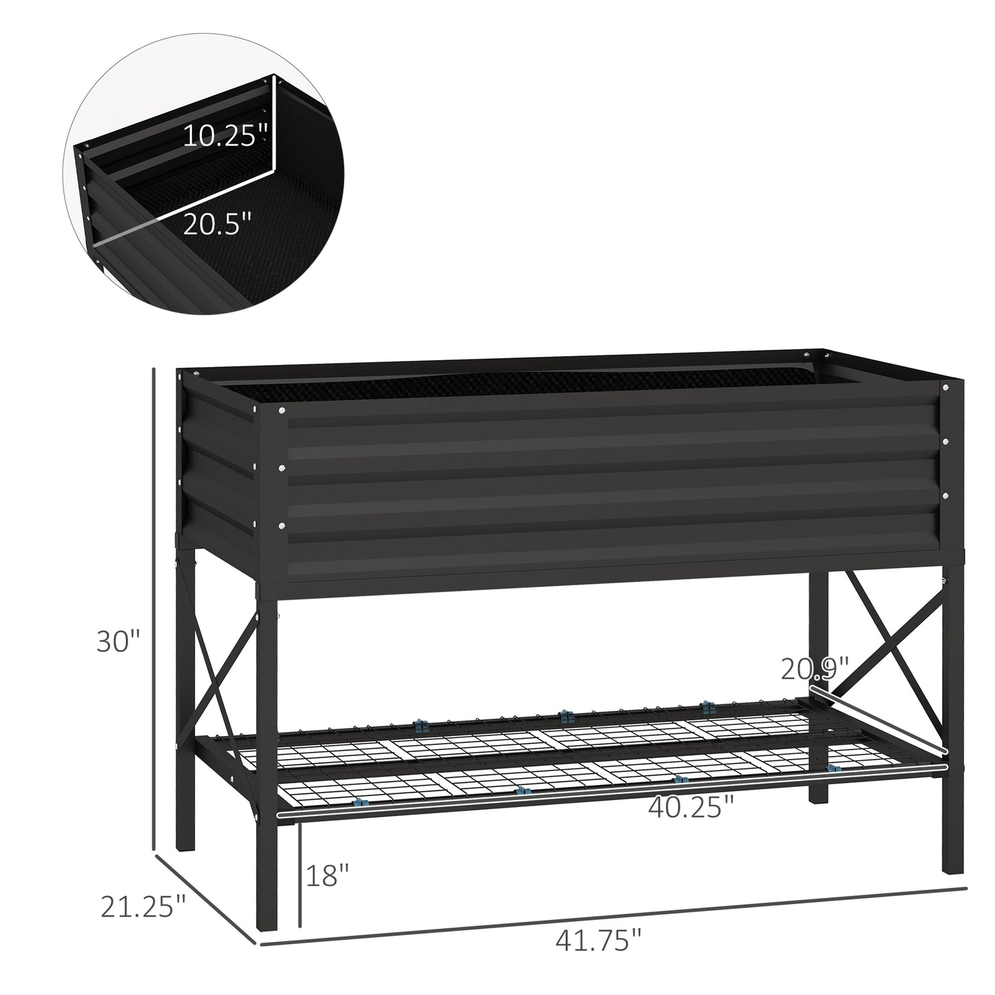 Galvanized Raised Garden Bed with Legs and Storage Shelf - Black, 1180x360x95mm