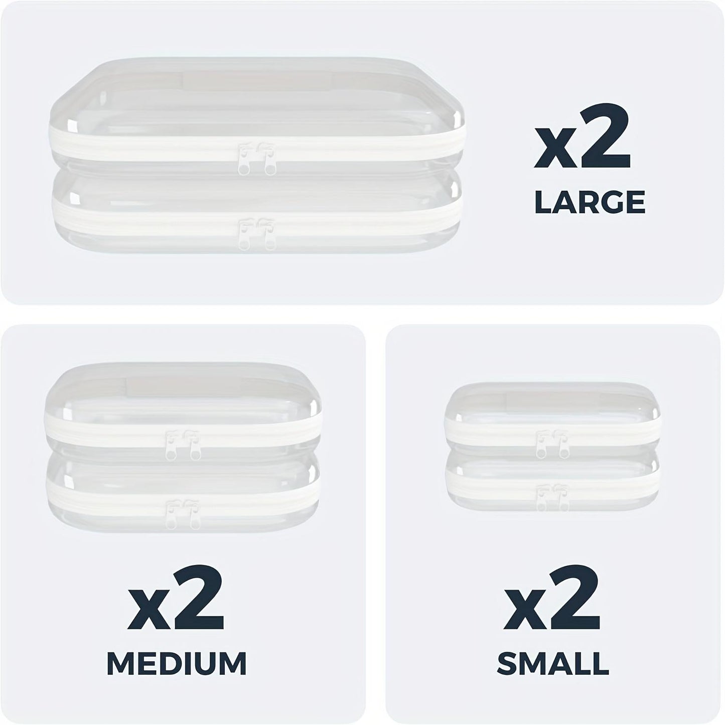 Set Of 6 Clear, Rigid Storage Bags With Double Zippers Includes 3