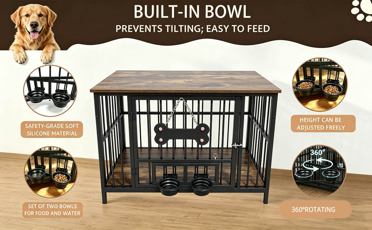 Wood Grain Dog Cage with Rotating Bowl and Silicone Safety Material - Pet Guardrails