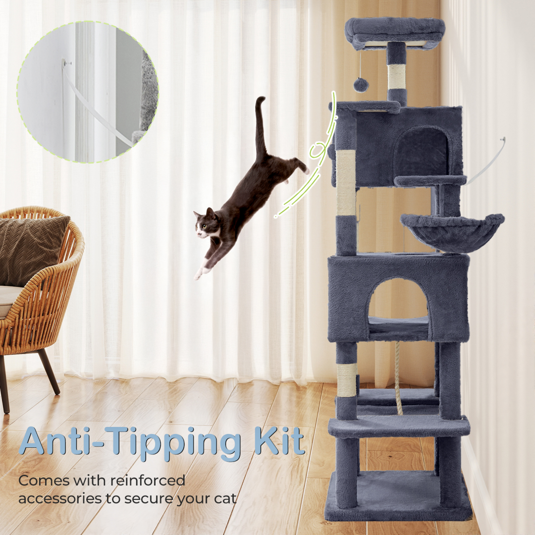 Large 66 Inch Multi-Level Cat Tree Tower with Condos & Hammock - Indoor Pet Furniture