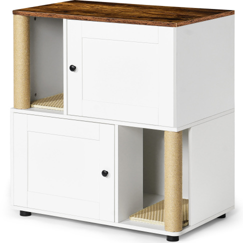 Double Cat Litter Box Enclosure Cabinet for 2 Cats with Shelves White Vintage