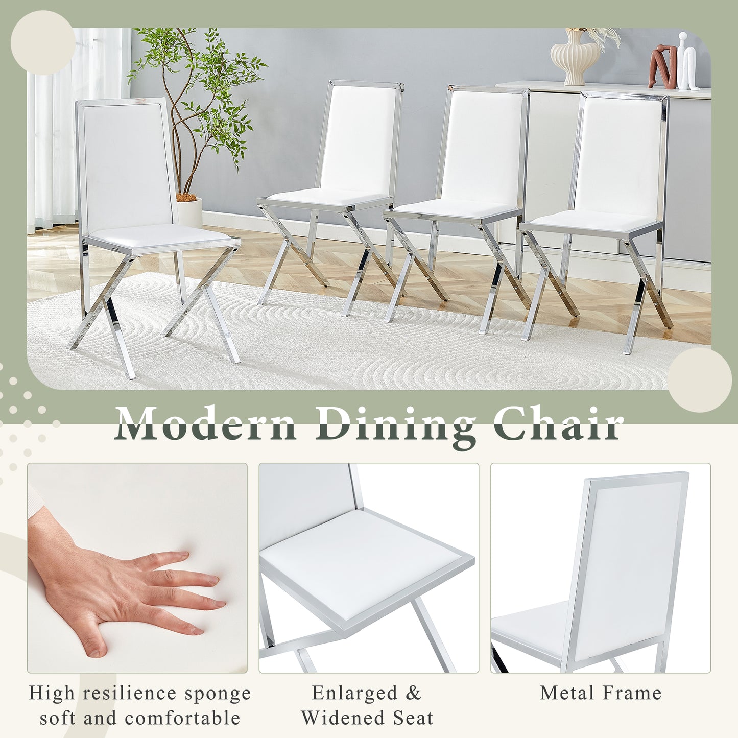 4-pack Silver Metal Framed White PU Dining Chairs Ergonomic Design, A