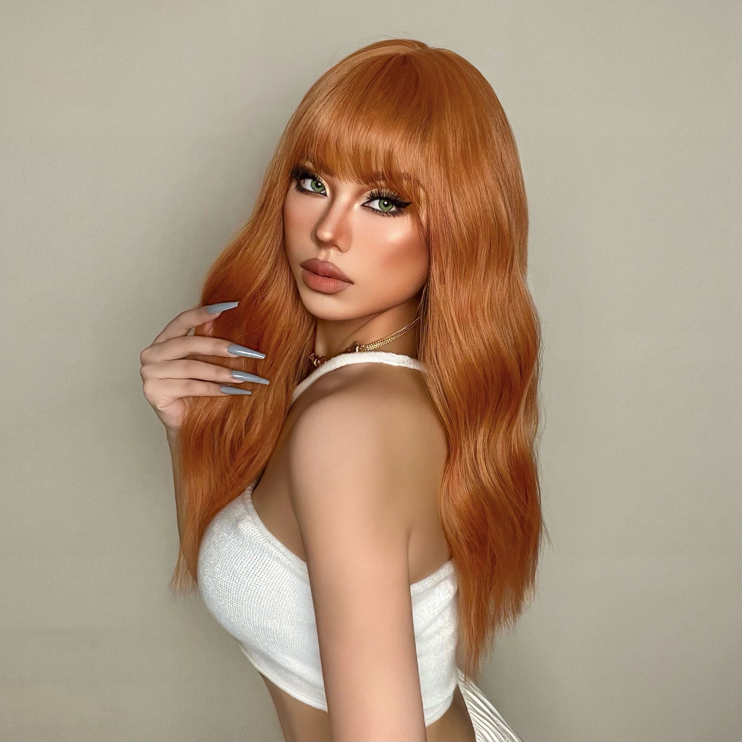 Women’s Orange Synthetic Long Hair Wig 50cm for Daily Use