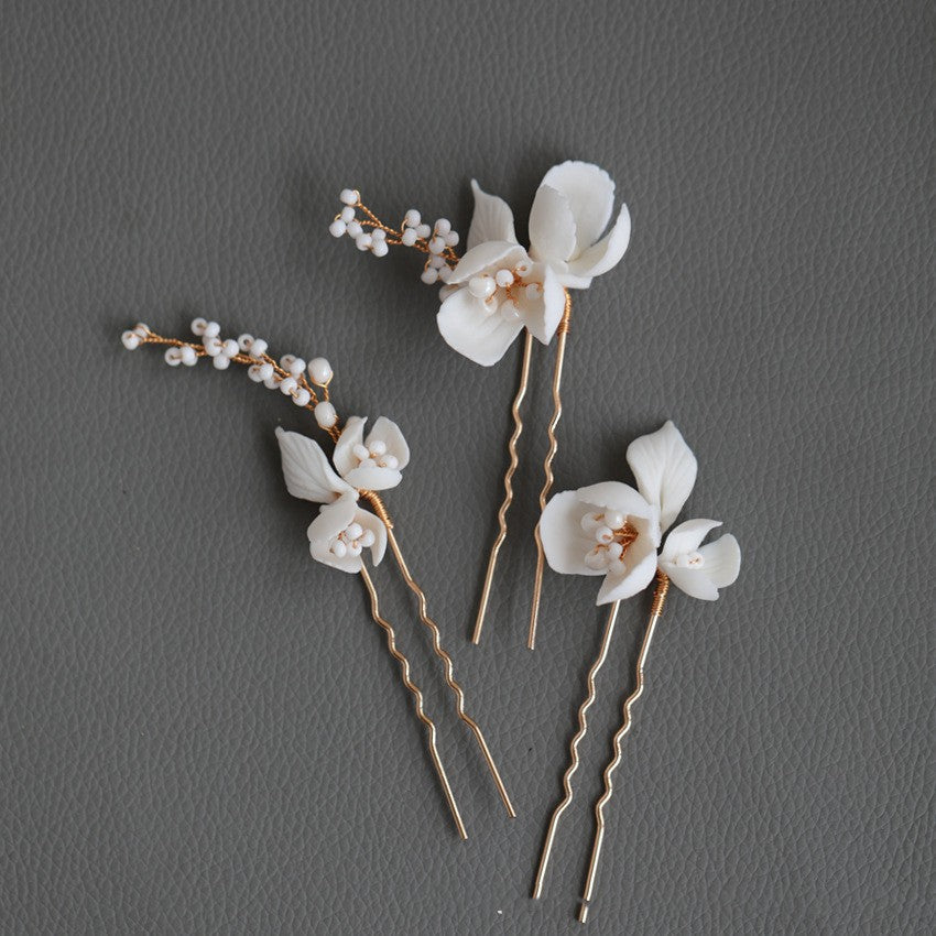 Handmade Ceramic Flower Beaded Hair Forks Hair Accessories Set