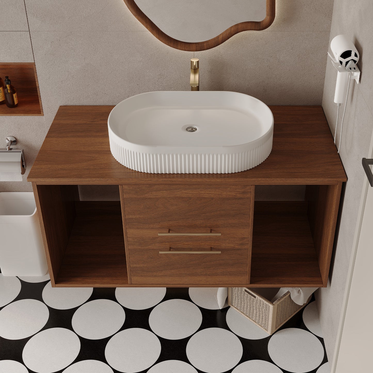 39.4" Wall-Mounted Bathroom Vanity with Oval Sink - White & Walnut