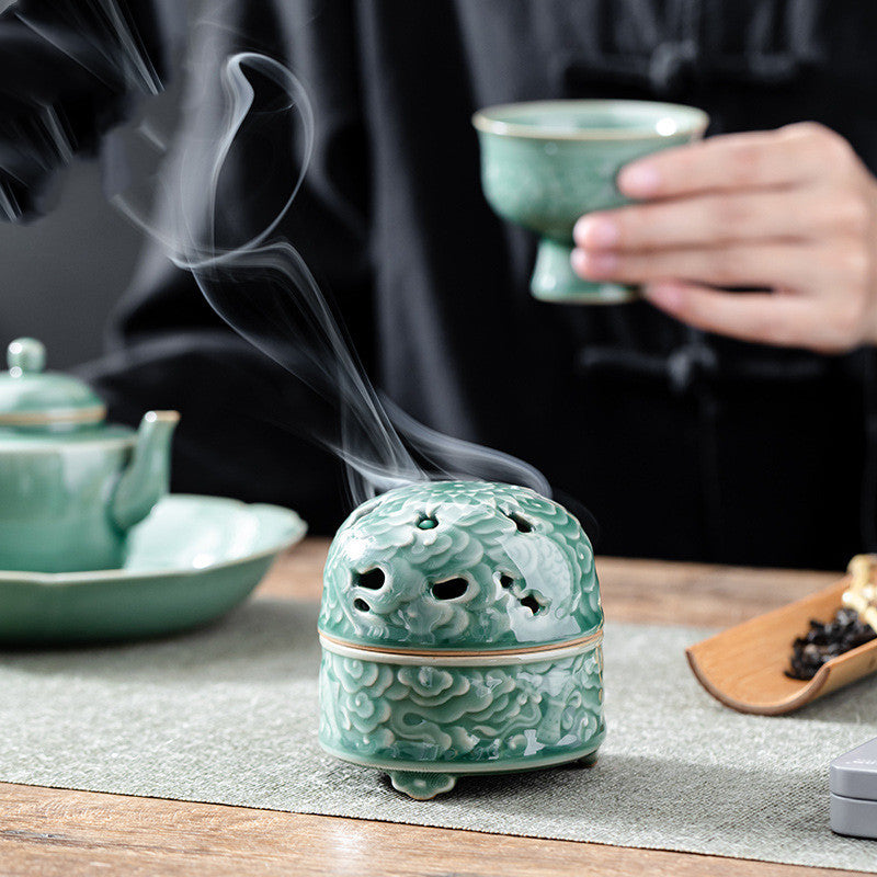 Ceramic Incense Burner with Lid - Embossed Cloud Design, Small Home Decor