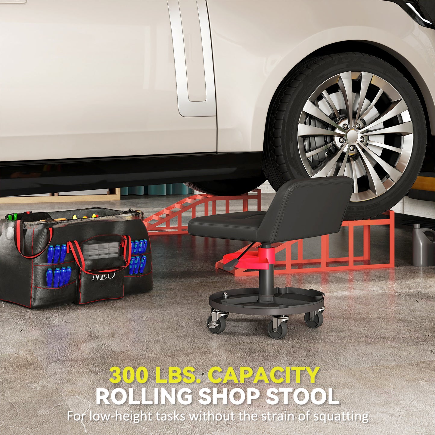 Adjustable Mechanic Stool with Tool Tray - 300 lbs Capacity, Black