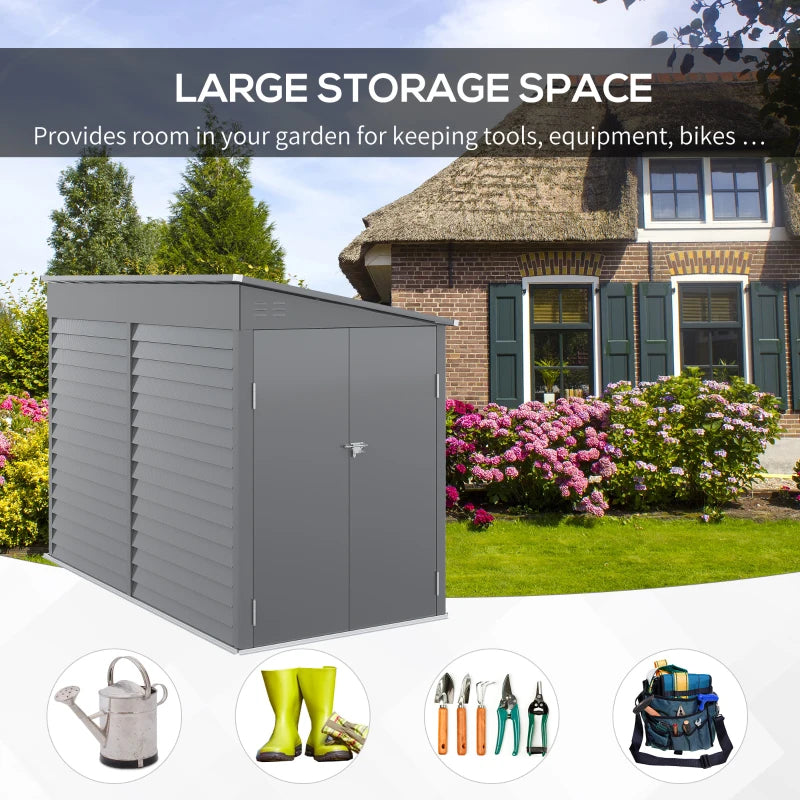 Outdoor Storage Shed 4.6x9 ft Metal Lean-To with Foundation Kit Lockable Doors Gray