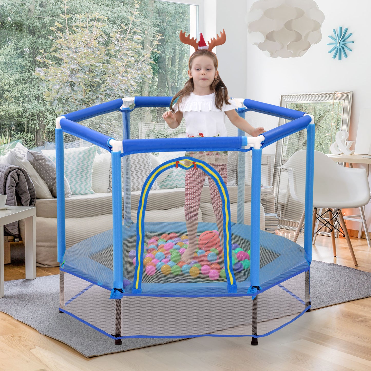 55" Toddler Trampoline with Safety Net and Ocean Balls - Blue