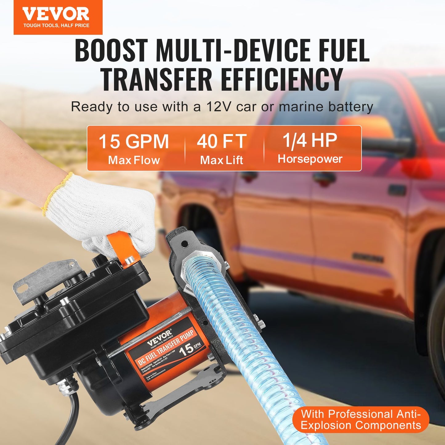 12V Diesel Transfer Pump 15 GPM with Auto Shut-Off Nozzle - Black
