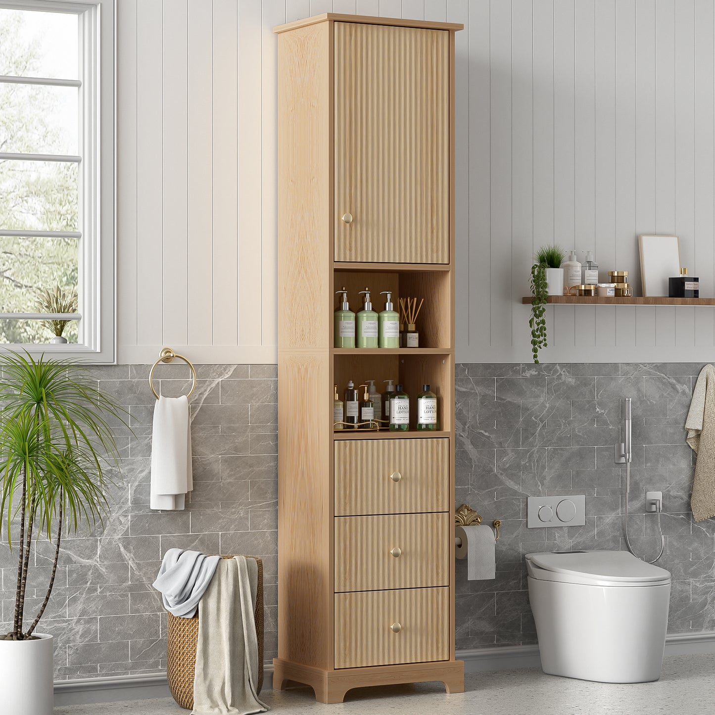 67.7" Tall Freestanding Bathroom Cabinet - 1 Door, 3 Drawers, Gold Metal Handles